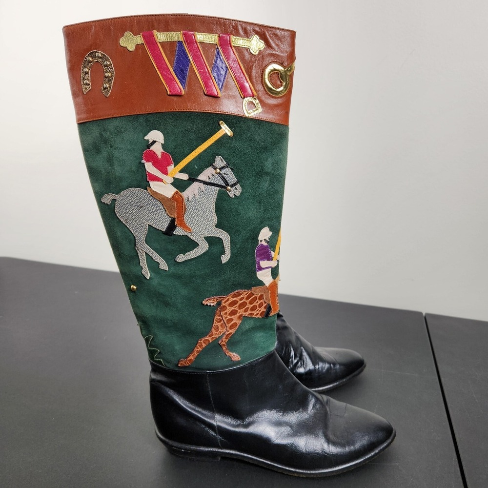 RARE Beverly Feldman Leather & Suede‎ Appliqué Polo Riding Boots Size 7 Womens